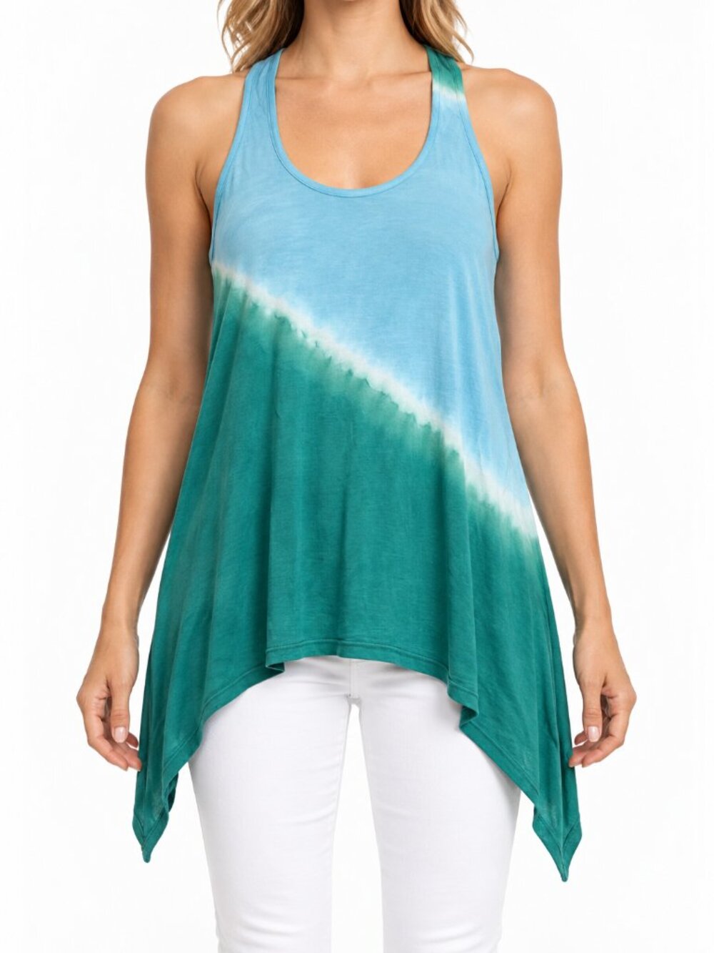 Loveappella Blue Green Tie Dye Handkerchief Hem Tank Top Size Small